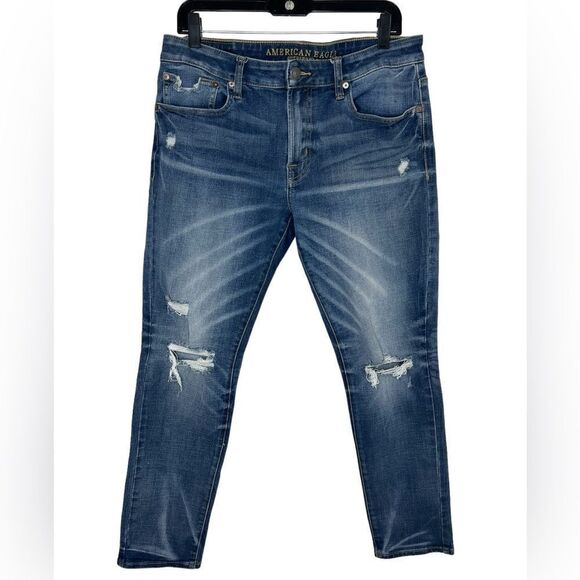 American Eagle Blue Extreme Flex 4 Distressed Skinny Jeans Size 33W 30L - Picture 1 of 13